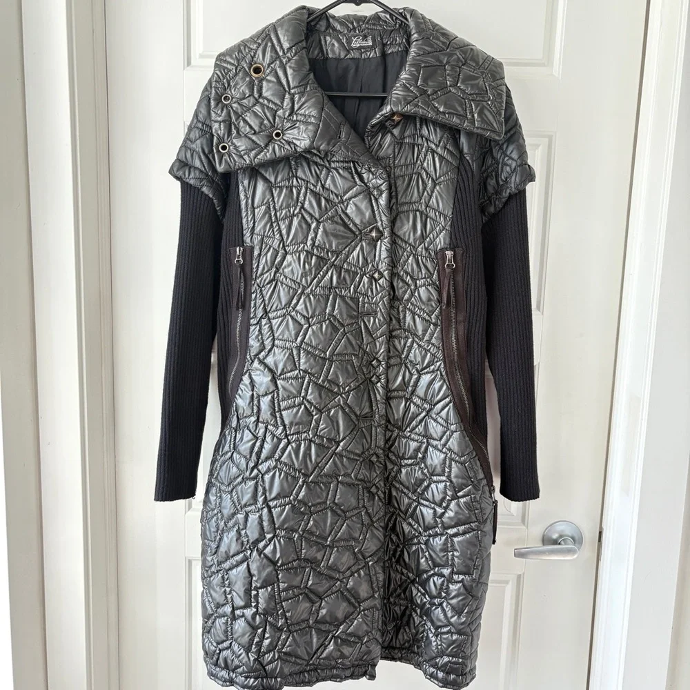 Laflamme Fourrure Gunmetal Quilted Long Coat Jacket Knit Sleeve Size M - Picture 3 of 5